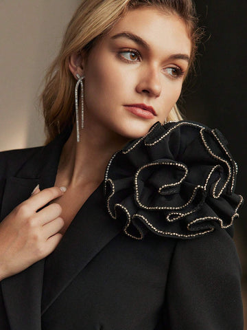 MOTF PREMIUM RHINESTONE STEREO FLOWER DETAIL PEAK COLLAR DOUBLE BREASTED PLACKET PARTY BLAZER DRESS