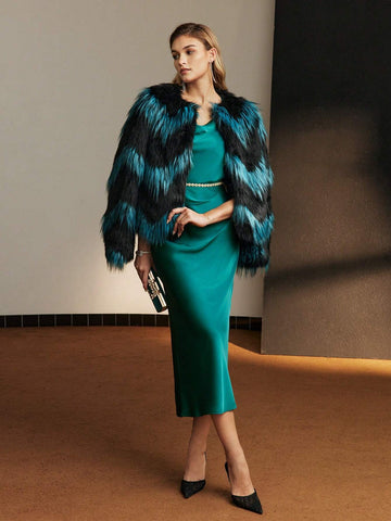 MOTF PREMIUM SATIN SOLID COWL NECK SLIM FIT COCKTAIL DRESS