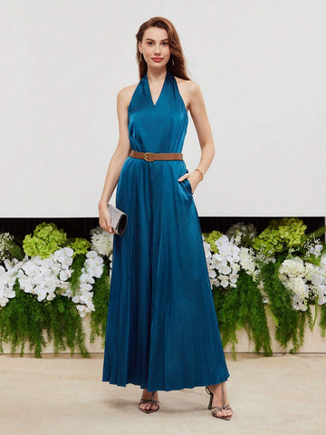 MOTF PREMIUM SATIN SOLID SLANT POCKET HALTER JUMPSUIT