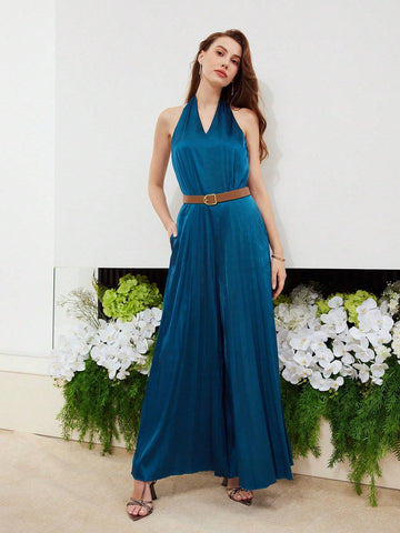 MOTF PREMIUM SATIN SOLID SLANT POCKET HALTER JUMPSUIT