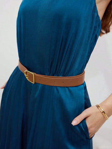 MOTF PREMIUM SATIN SOLID SLANT POCKET HALTER JUMPSUIT