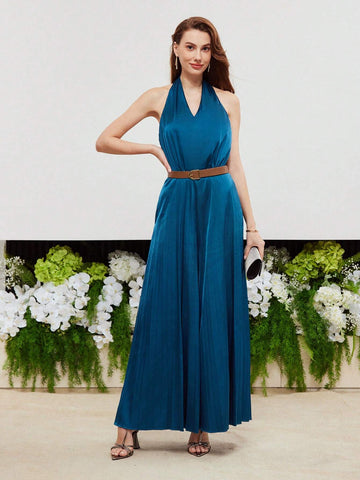 MOTF PREMIUM SATIN SOLID SLANT POCKET HALTER JUMPSUIT