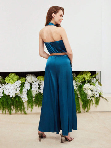 MOTF PREMIUM SATIN SOLID SLANT POCKET HALTER JUMPSUIT