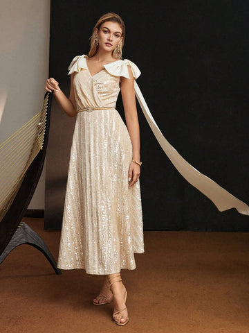 MOTF PREMIUM SEQUINS CONTRAST BOW SHOULDER PLEATED HEM COCKTAIL DRESS WITHOUT BELT