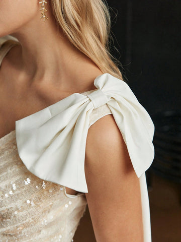 MOTF PREMIUM SEQUINS CONTRAST BOW SHOULDER PLEATED HEM COCKTAIL DRESS WITHOUT BELT