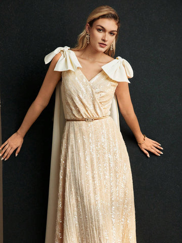 MOTF PREMIUM SEQUINS CONTRAST BOW SHOULDER PLEATED HEM COCKTAIL DRESS WITHOUT BELT