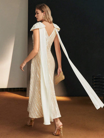 MOTF PREMIUM SEQUINS CONTRAST BOW SHOULDER PLEATED HEM COCKTAIL DRESS WITHOUT BELT