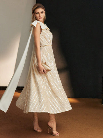 MOTF PREMIUM SEQUINS CONTRAST BOW SHOULDER PLEATED HEM COCKTAIL DRESS WITHOUT BELT