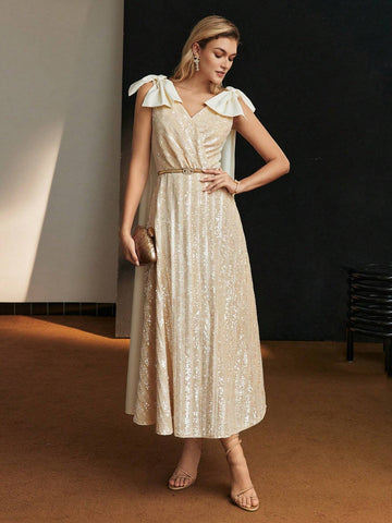 MOTF PREMIUM SEQUINS CONTRAST BOW SHOULDER PLEATED HEM COCKTAIL DRESS WITHOUT BELT