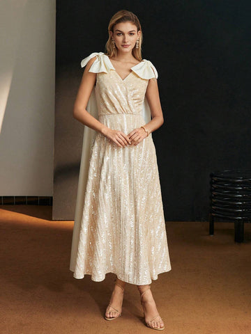 MOTF PREMIUM SEQUINS CONTRAST BOW SHOULDER PLEATED HEM COCKTAIL DRESS WITHOUT BELT