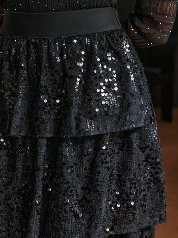 MOTF PREMIUM SEQUINS LAYERED RUFFLE HEM SKIRT