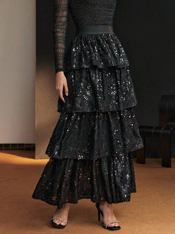 MOTF PREMIUM SEQUINS LAYERED RUFFLE HEM SKIRT