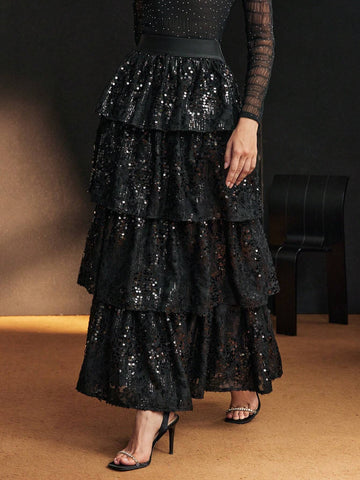 MOTF PREMIUM SEQUINS LAYERED RUFFLE HEM SKIRT