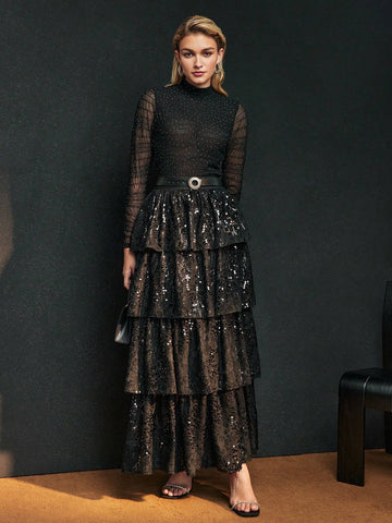MOTF PREMIUM SEQUINS LAYERED RUFFLE HEM SKIRT