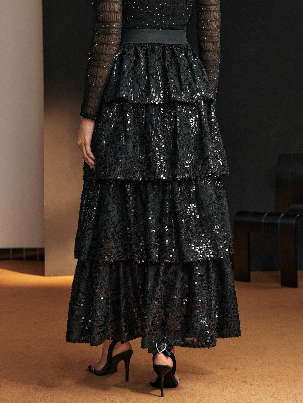 MOTF PREMIUM SEQUINS LAYERED RUFFLE HEM SKIRT