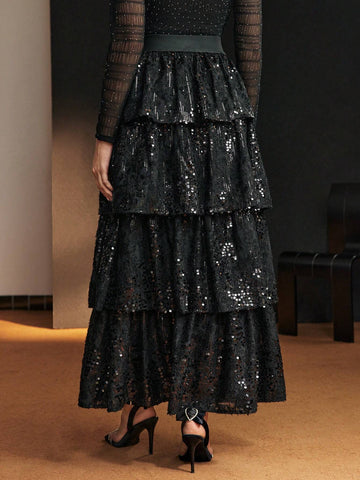 MOTF PREMIUM SEQUINS LAYERED RUFFLE HEM SKIRT