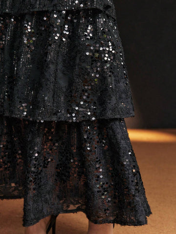 MOTF PREMIUM SEQUINS LAYERED RUFFLE HEM SKIRT
