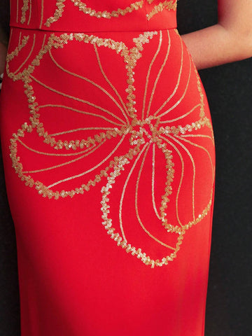 MOTF PREMIUM SEQUIN DETAIL FLORAL PATTERN FLOWY HEM COCKTAIL DRESS