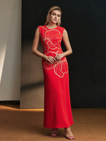 MOTF PREMIUM SEQUIN DETAIL FLORAL PATTERN FLOWY HEM COCKTAIL DRESS