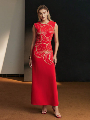 MOTF PREMIUM SEQUIN DETAIL FLORAL PATTERN FLOWY HEM COCKTAIL DRESS