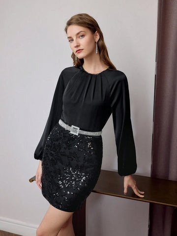 MOTF PREMIUM SEQUIN DETAIL LANTERN SLEEVE SLIM FIT SHORT DRESS WITHOUT BELT