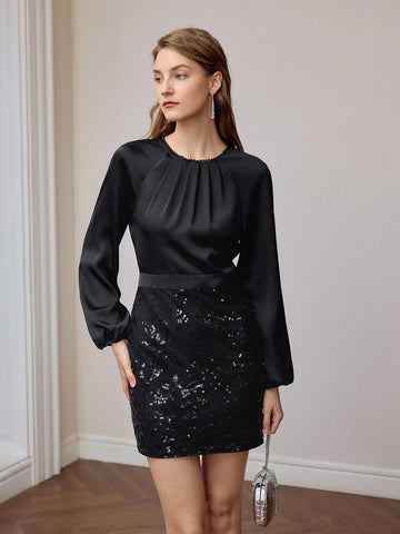 MOTF PREMIUM SEQUIN DETAIL LANTERN SLEEVE SLIM FIT SHORT DRESS WITHOUT BELT