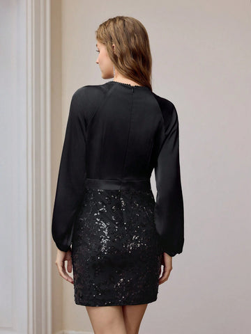 MOTF PREMIUM SEQUIN DETAIL LANTERN SLEEVE SLIM FIT SHORT DRESS WITHOUT BELT