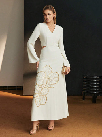 MOTF PREMIUM SEQUIN FLORAL PATTERN V-NECK CUTOUT WAIST COCKTAIL DRESS