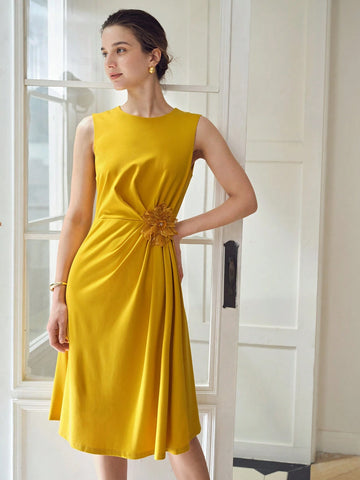 MOTF PREMIUM SEQUIN STEREO FLOWER DETAIL FOLD PLEATED COCKTAIL DRESS