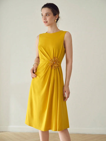 MOTF PREMIUM SEQUIN STEREO FLOWER DETAIL FOLD PLEATED COCKTAIL DRESS