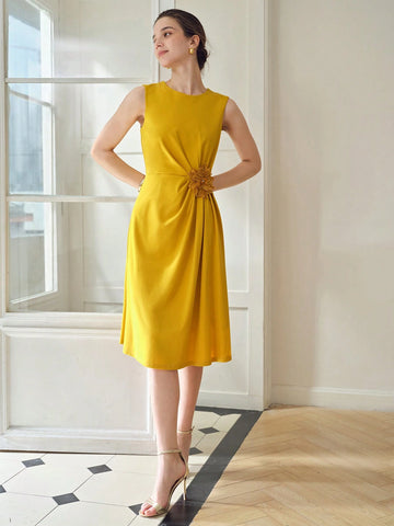 MOTF PREMIUM SEQUIN STEREO FLOWER DETAIL FOLD PLEATED COCKTAIL DRESS