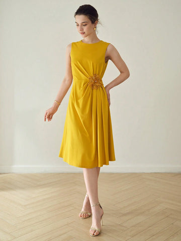 MOTF PREMIUM SEQUIN STEREO FLOWER DETAIL FOLD PLEATED COCKTAIL DRESS