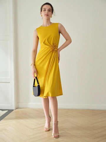 MOTF PREMIUM SEQUIN STEREO FLOWER DETAIL FOLD PLEATED COCKTAIL DRESS