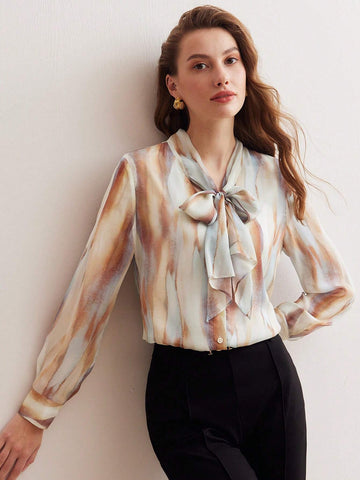 MOTF PREMIUM SILK ALLOVER PRINT TIE NECK SHIRT