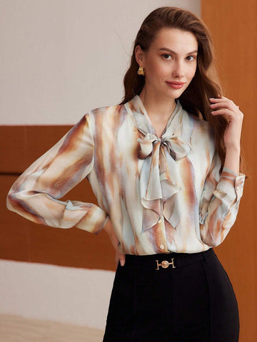 MOTF PREMIUM SILK ALLOVER PRINT TIE NECK SHIRT