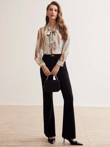 MOTF PREMIUM SILK ALLOVER PRINT TIE NECK SHIRT