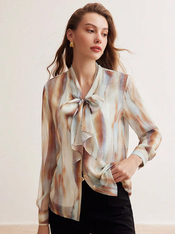 MOTF PREMIUM SILK ALLOVER PRINT TIE NECK SHIRT