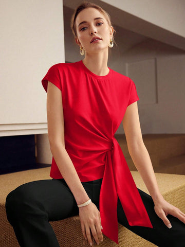 MOTF PREMIUM SOLID BATWING SLEEVE KNOT FRONT TEE