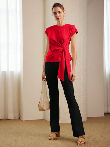 MOTF PREMIUM SOLID BATWING SLEEVE KNOT FRONT TEE