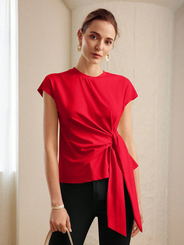 MOTF PREMIUM SOLID BATWING SLEEVE KNOT FRONT TEE