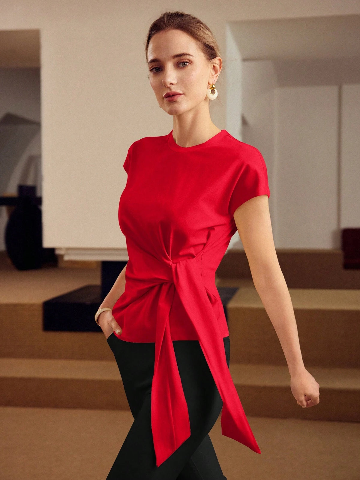 MOTF PREMIUM SOLID BATWING SLEEVE KNOT FRONT TEE