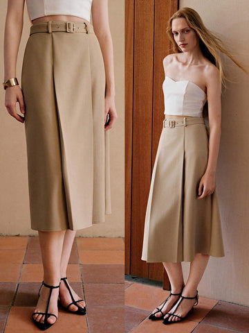 MOTF PREMIUM SOLID BUCKLE BELTED FOLD PLEATED SKIRT