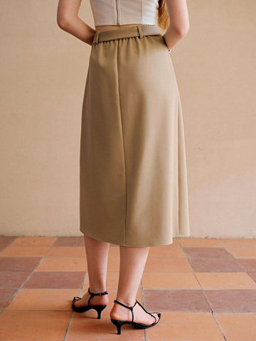 MOTF PREMIUM SOLID BUCKLE BELTED FOLD PLEATED SKIRT