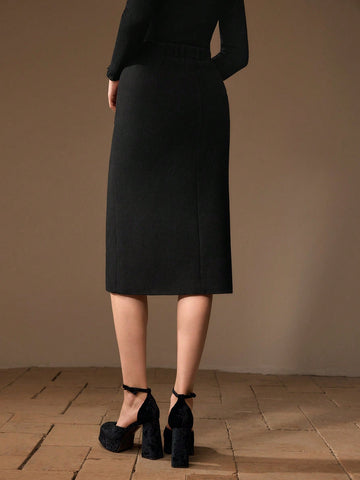 MOTF PREMIUM SOLID BUTTON FRONT STRAIGHT SKIRT