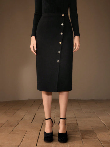 MOTF PREMIUM SOLID BUTTON FRONT STRAIGHT SKIRT