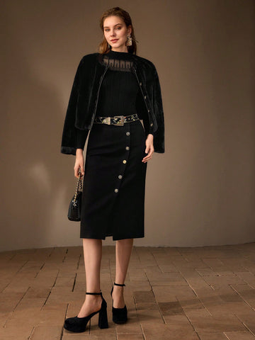 MOTF PREMIUM SOLID BUTTON FRONT STRAIGHT SKIRT
