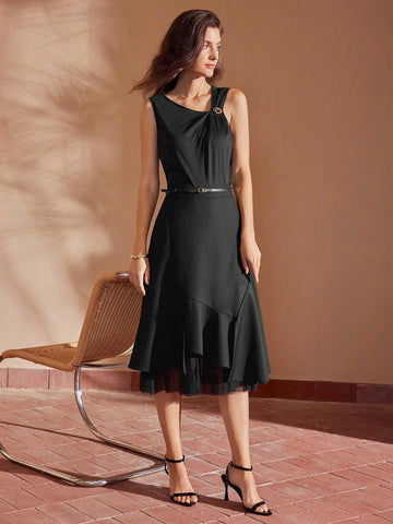 MOTF PREMIUM SOLID COLOR MESH PANEL ASYMMETRICAL HEM LAYERED SKIRT