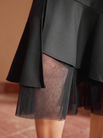 MOTF PREMIUM SOLID COLOR MESH PANEL ASYMMETRICAL HEM LAYERED SKIRT