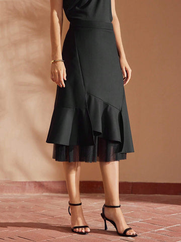 MOTF PREMIUM SOLID COLOR MESH PANEL ASYMMETRICAL HEM LAYERED SKIRT