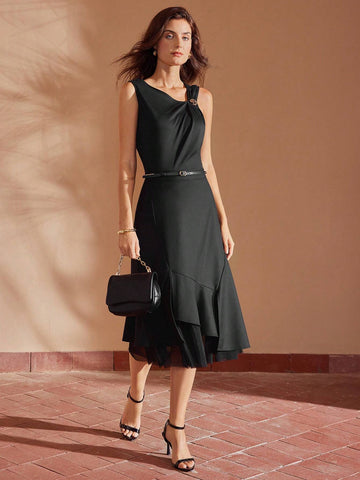 MOTF PREMIUM SOLID COLOR MESH PANEL ASYMMETRICAL HEM LAYERED SKIRT